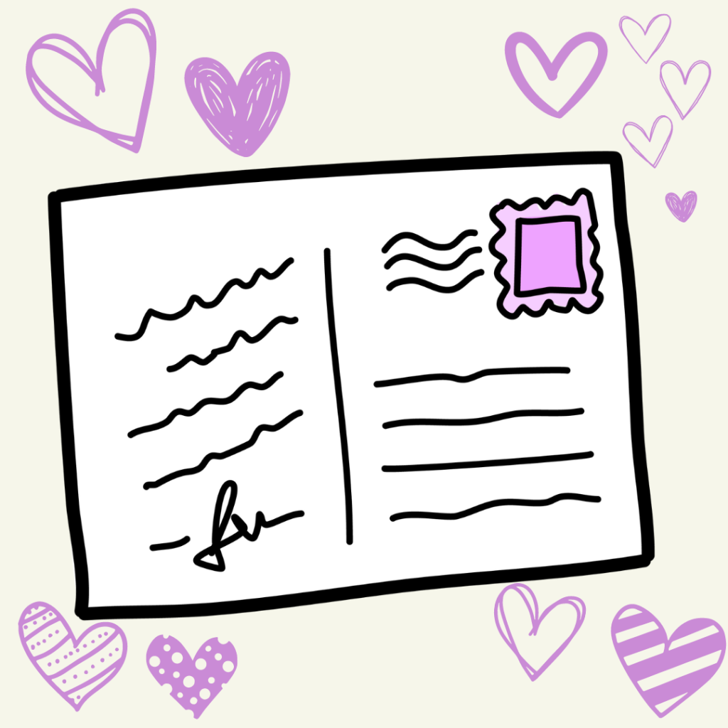 Hand-drawn postcard with a purple stamp, scribbled message and address lines, surrounded by purple hearts